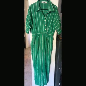 Green & White Stripe Collared Jumpsuit